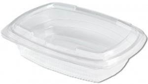 Ceci est un contenant rectangulaire transparent en APET avec un couvercle à charnière, doté d’un profil légèrement plus plat par rapport à des modèles similaires. La surface lisse et brillante garantit une transparence optimale, offrant une visibilité claire du contenu. La base nervurée renforce la structure et évite le glissement. Les parois doucement courbées se prolongent harmonieusement vers un fond plat et encastré pour assurer la stabilité. Le couvercle attaché est muni d’une fermeture à pression sécurisée, assurant une étanchéité fiable pour préserver la fraîcheur et éviter les fuites. Son design compact et pratique est parfait pour l’emballage alimentaire à emporter, alliant durabilité et présentation soignée.